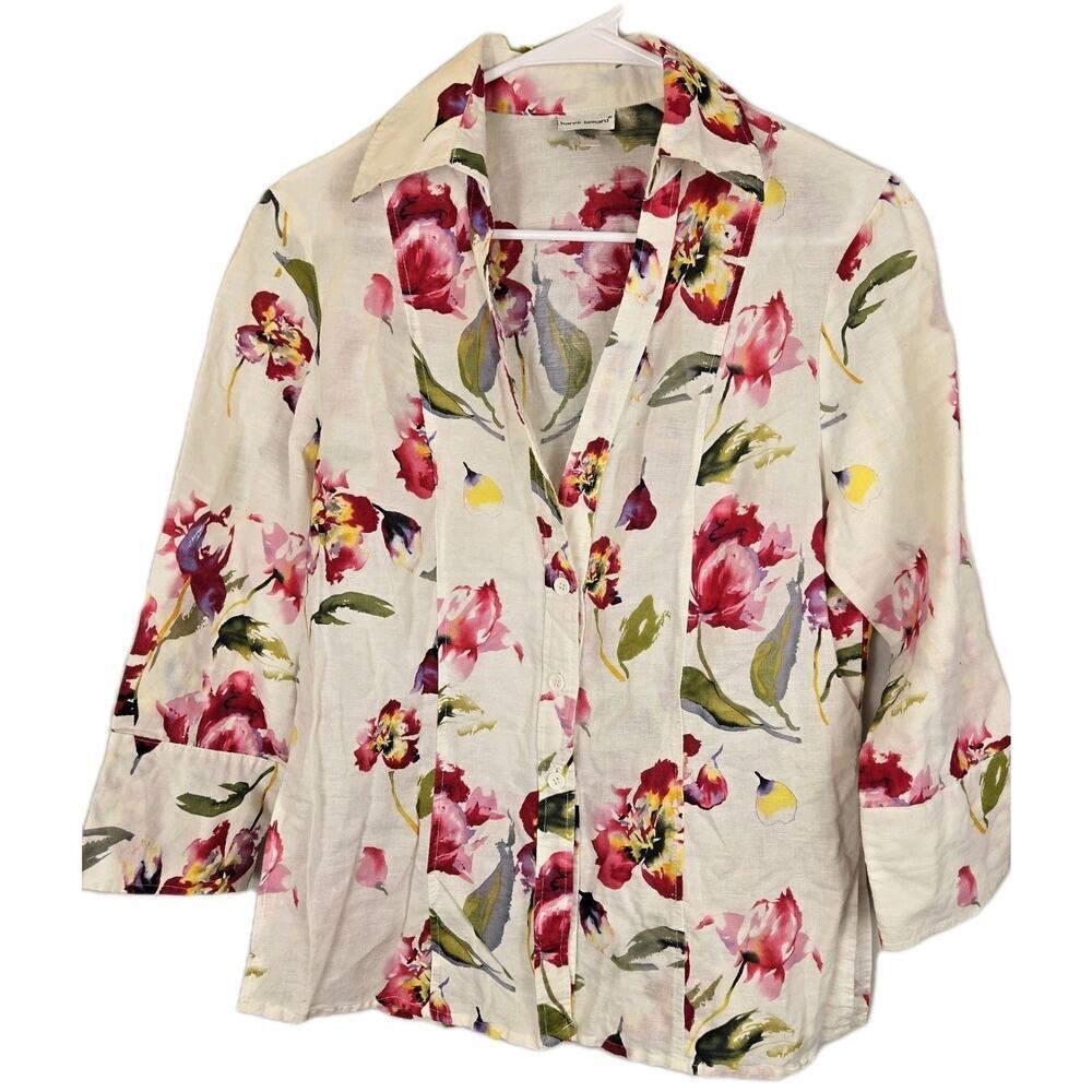 Harve Bernard White Floral Linen Blouse Sz Medium COQUETTE PRINCESS COTTAGECORE
